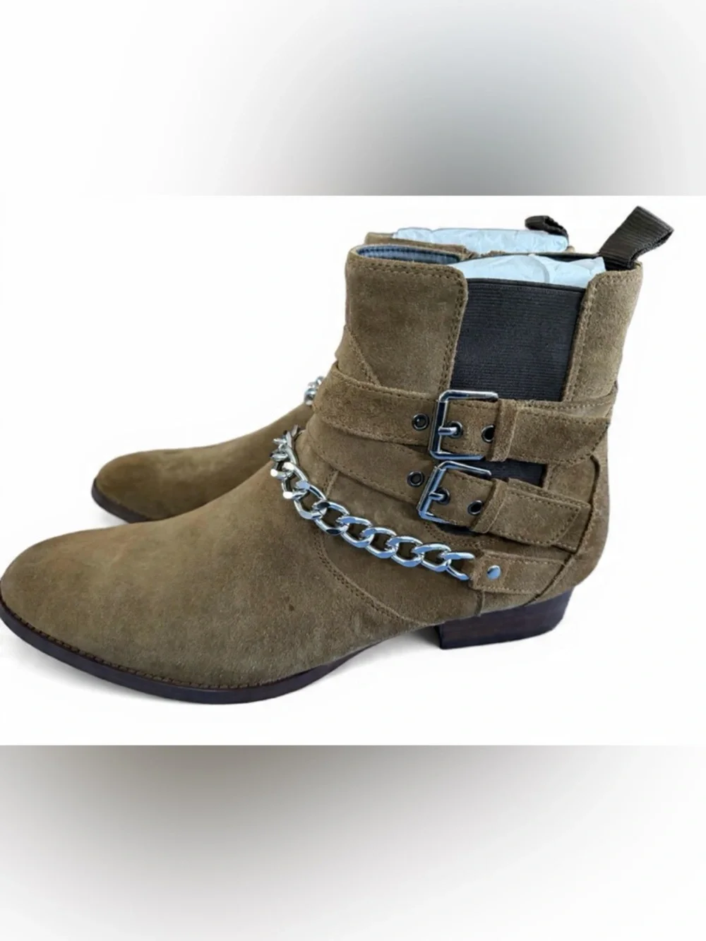 Tan Suede Ankle Boots with Silver Chain Detail